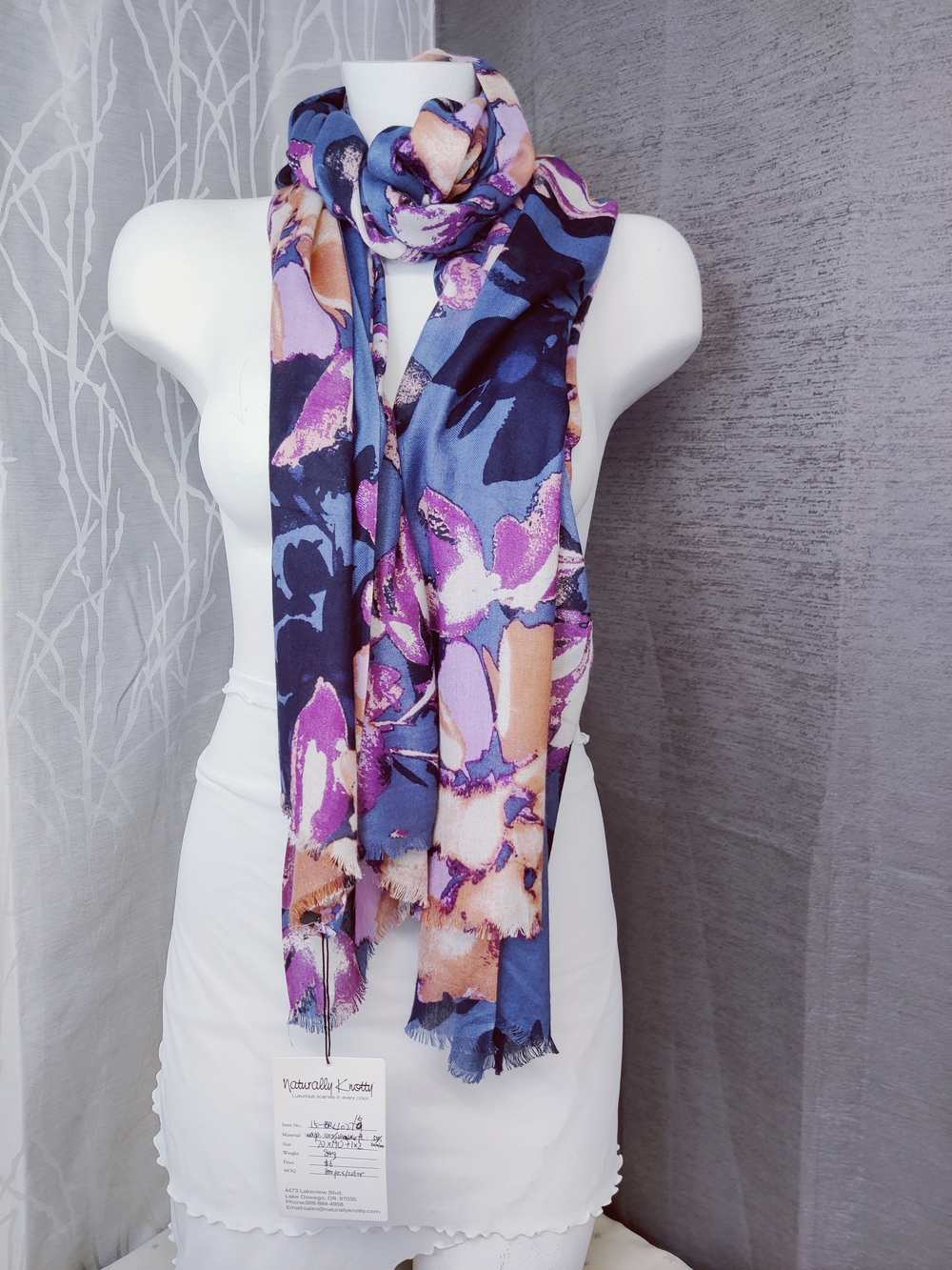 100% Viscose Oversized Wrap Scarf Blue Purple Floral 27x78 NWT Naturally Knotty